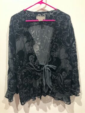 Vintage Black Velvet Burnout Silk Blend Tie-Front Cardigan
